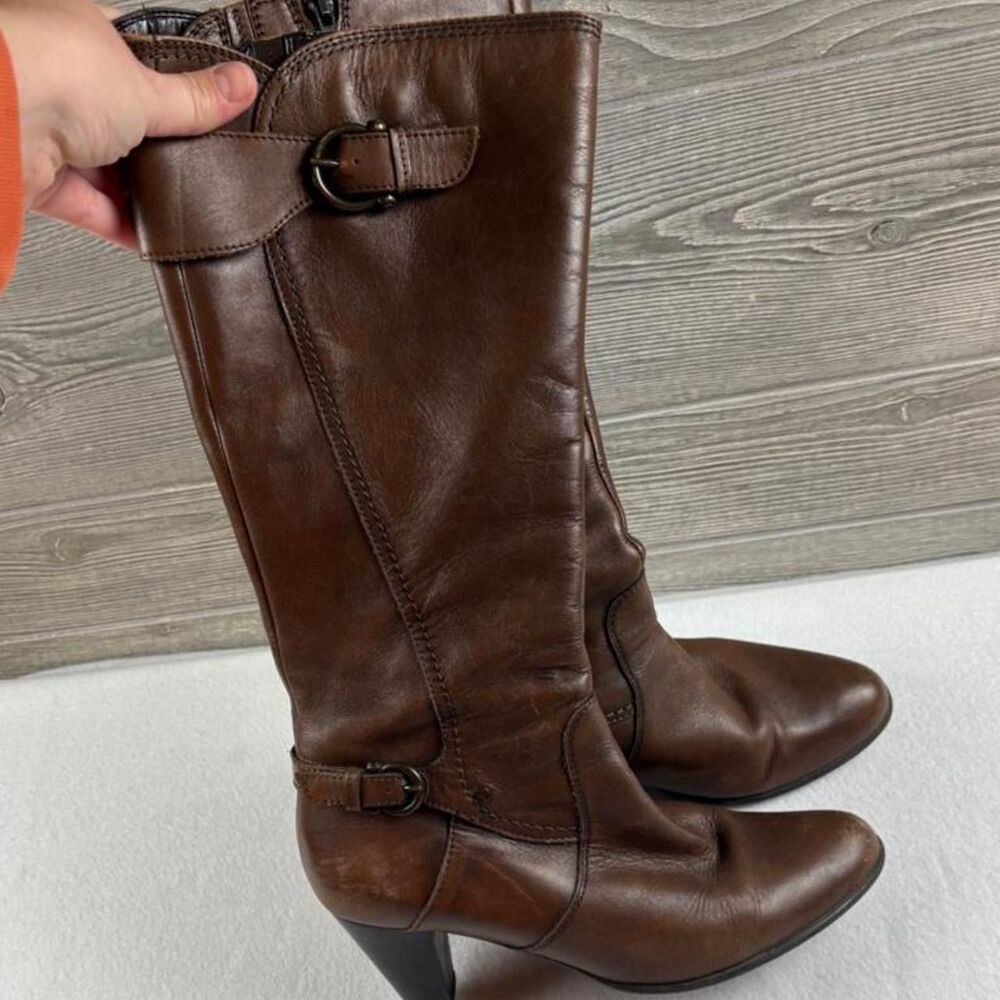 Clarks Brown Leather Knee High Boots Women’s 8 Buckle Heeled Riding Boots